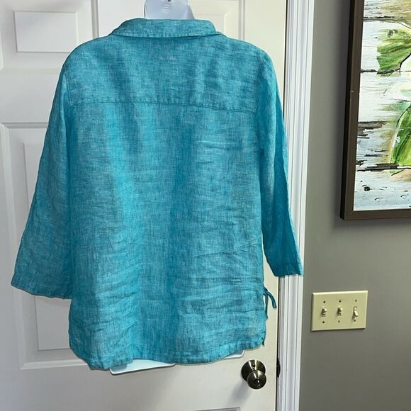 Isaac Mizrahi New York Turquoise V-Neck Linen Pullover Collared Shirt- Small - Picture 9 of 15